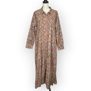 Natural Life Boho Block Print Maxi Shirt Dress L/XL Floral Earthy Cottagecore